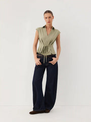 V-Neck Ruched Ruffled Tie Front Blouse