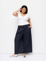 Mid Rise Stripe Pleated Wide Leg Trousers Curve & Plus