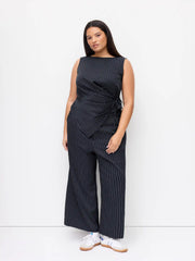 Boat Neck Striped Wrap Knotted Top & Mid Rise Wide Leg Trousers Set Curve & Plus