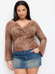 Mesh Paisley V-Neck Twist Knot Bell Sleeve Top Curve & Plus