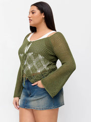Knit V-neck Bell Sleeve Hollow Out Knotted See-through Top Curve & Plus