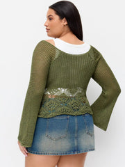 Knit V-neck Bell Sleeve Hollow Out Knotted See-through Top Curve & Plus