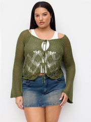 Knit V-neck Bell Sleeve Hollow Out Knotted See-through Top Curve & Plus