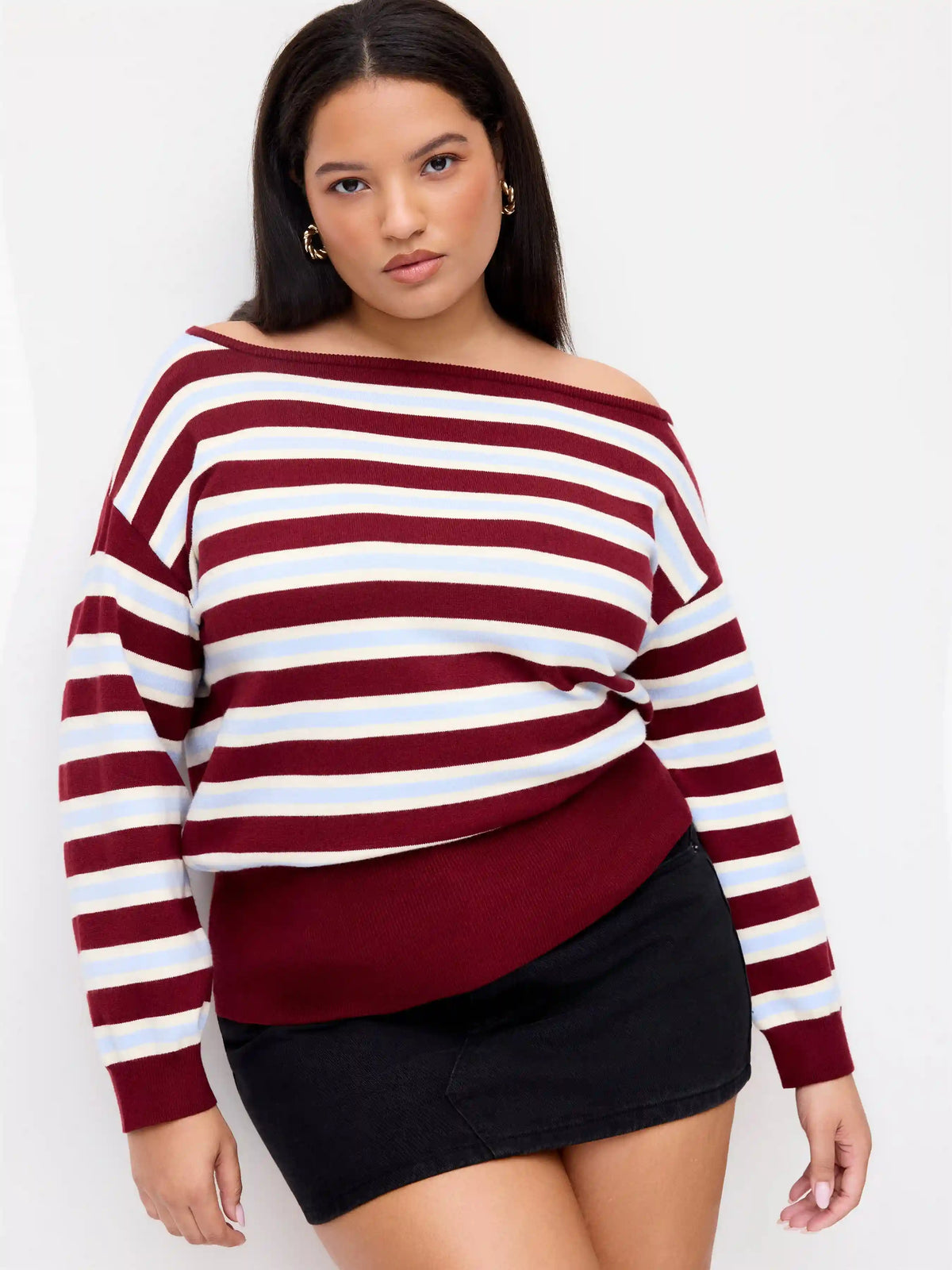 Knit Asymmetrical Neck Striped Sweater Curve & Plus