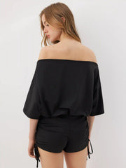 Off-Shoulder Drawstring Ruched Romper