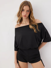 Off-Shoulder Drawstring Ruched Romper