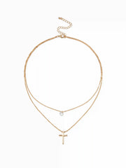 RHINESTONE & CROSS LAYERED NECKLACE