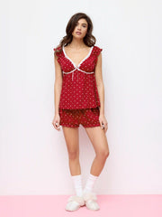 Cotton Polka Dot Bowknot Top & Mid Rise Shorts Loungewear Set