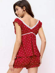 Cotton Polka Dot Bowknot Top & Mid Rise Shorts Loungewear Set