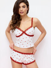 Heart Graphic V-Neck Cami Top & Mid Rise Lace Trim Shorts Loungewear Set