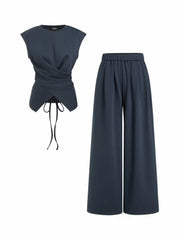 Cotton-blend Round Neck Twist Top & Mid Rise Wide Leg Trousers Set
