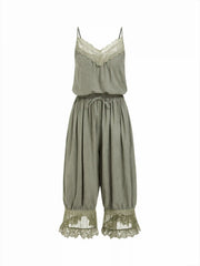 V-neck Lace Panel Oversized Drawstring Bloomer Jumpsuit