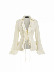 Striped Tie Front Cinched Waist Ruffle Sleeve Blouse