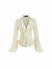 Striped Tie Front Cinched Waist Ruffle Sleeve Blouse