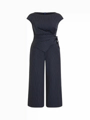 Striped Asymmetrical Hem Zip Through Knotted Wide Leg Jumpsuit Curve & Plus