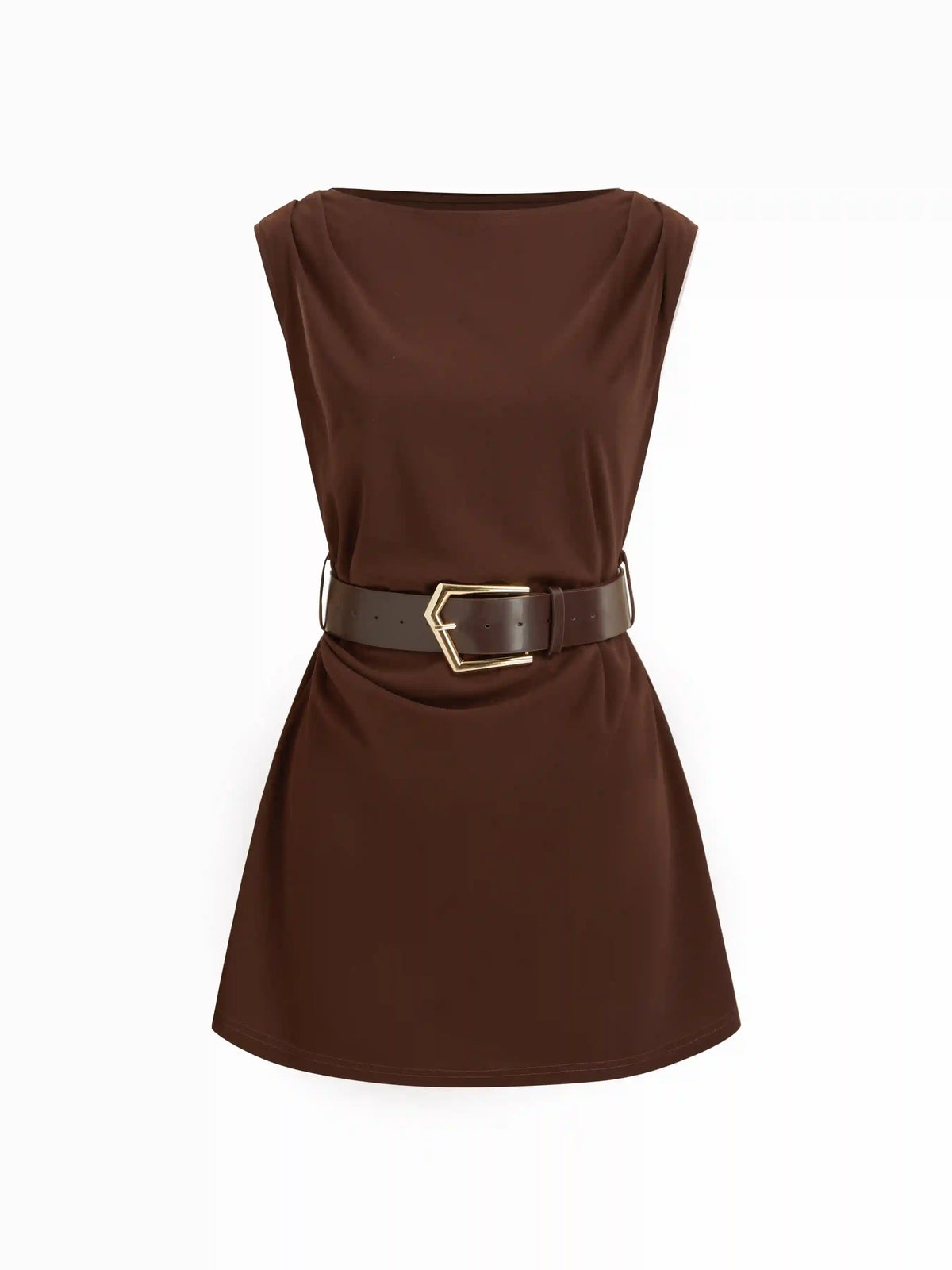 Boat Neck Ruched Belted A-line Mini Dress