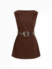 Boat Neck Ruched Belted A-line Mini Dress