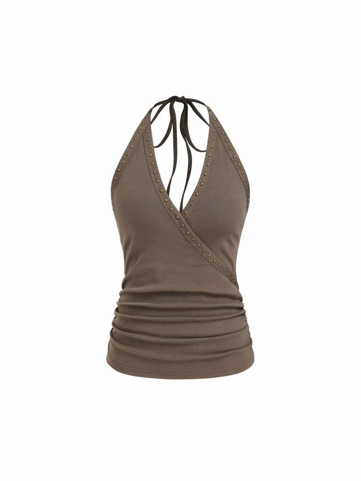 Cotton-blend Ruched V-Neck Rivet Halter Top