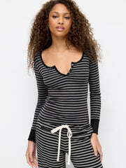 Cotton-blend Stripe Button Long Sleeve Top