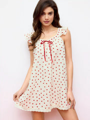 Heart Graphic Bowknot Ruffled Lace Trim Mini Nightdress