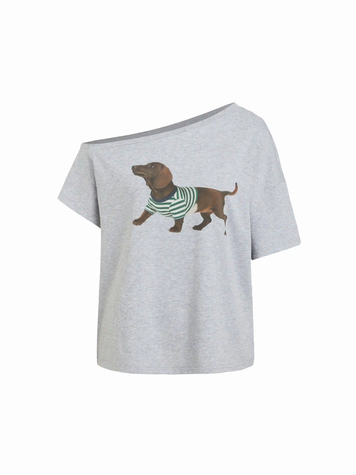 Cotton-blend Dachshund Graphic Asymmetrical Neck Oversized Tee