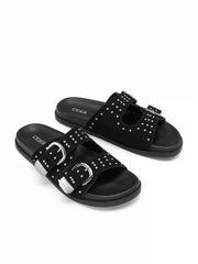 STUDDED DOUBLE BAND BUCKLE SLIPPERS