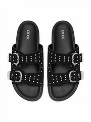 STUDDED DOUBLE BAND BUCKLE SLIPPERS