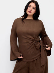Boat Neck Textured Side Knotted Ruched Top Curve & Plus
