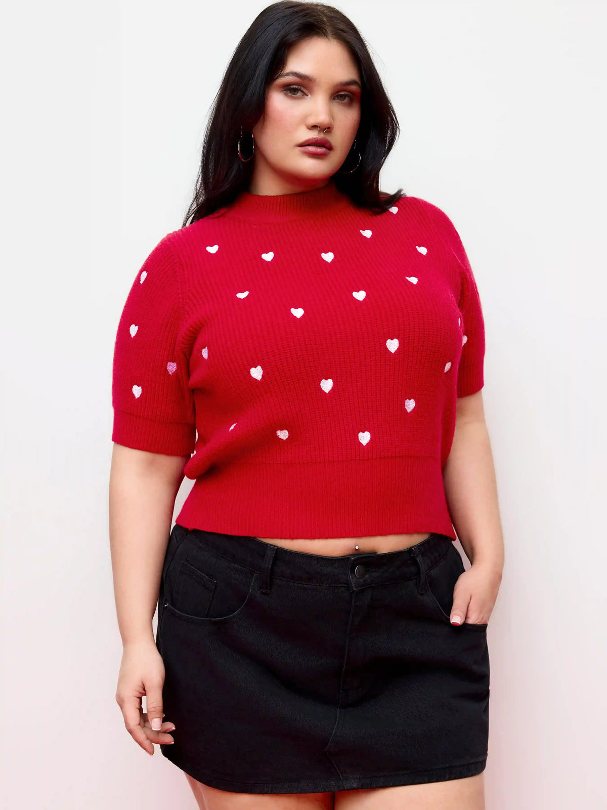 Knit Heart Pattern High Neck Top Curve & Plus