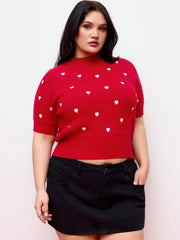 Knit Heart Pattern High Neck Top Curve & Plus