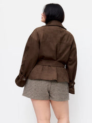 Suede Double Breasted Trench Coat With Belt Curve & Plus