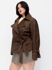 Suede Double Breasted Trench Coat With Belt Curve & Plus