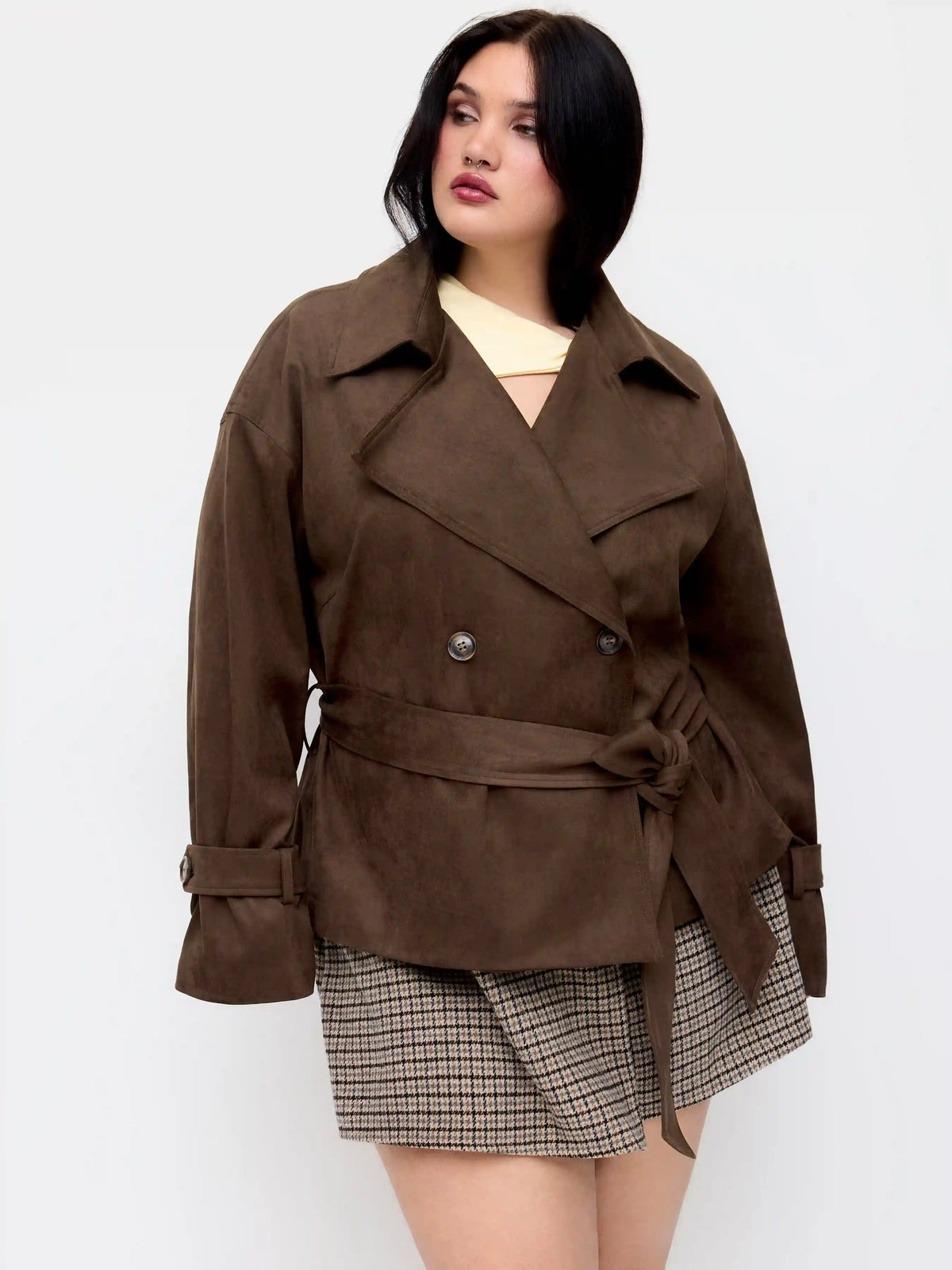 Suede Double Breasted Trench Coat With Belt Curve & Plus