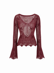 Knit Crochet Boat Neck Bell Sleeve Knotted Cut Out Backless Top