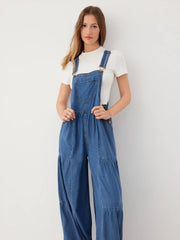 Washed Denim Wide Leg Overalls With Metal Detail