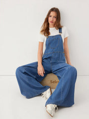 Washed Denim Wide Leg Overalls With Metal Detail