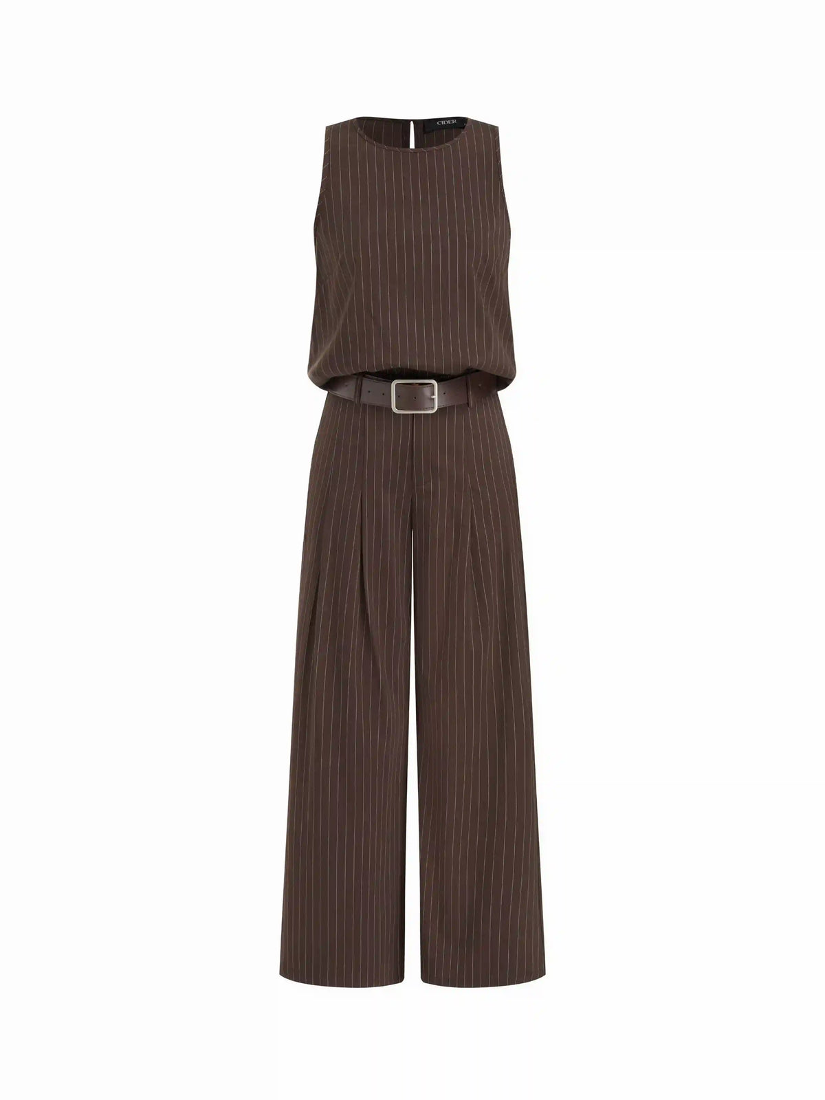 Striped Sleeveless Top & Mid Rise Straight Leg Belted Trousers Set