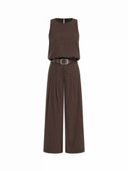 Striped Sleeveless Top & Mid Rise Straight Leg Belted Trousers Set