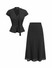 Cotton V-Neck Button Front Peplum Top & Mid Rise A-line Maxi Skirt Set With Belt