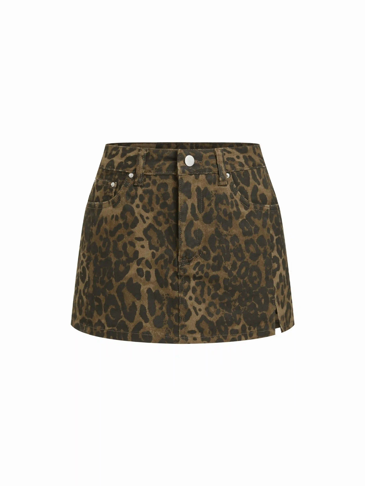 Washed Stretch Denim Leopard High Rise Micro Skort