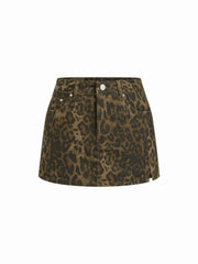 Washed Stretch Denim Leopard High Rise Micro Skort