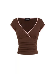 Cotton-blend V-neck Two Tone Top & Mid Rise Drawstring Straight Leg Trousers Set