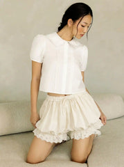 Lace Trim Bubble Hem Mid Rise Bloomer Shorts