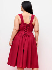 Cotton-blend U-neckline Ruffled Lace Up Flared Maxi Dress Curve & Plus