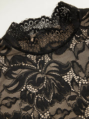 Floral Lace Stand Collar Ruffle Long Sleeve Bodysuit Curve & Plus