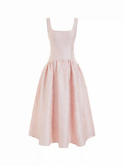 Jacquard Sculptural Square Neck Lace Up Ruffled Flared Maxi Dress