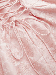 Jacquard Sculptural Floral Bandeau Lace Up Ruffle Midi Dress