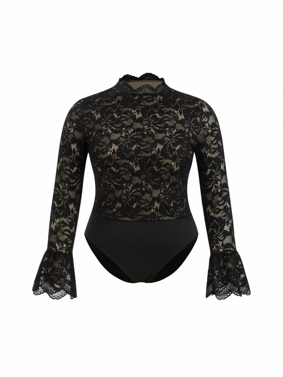 Floral Lace Stand Collar Ruffle Long Sleeve Bodysuit Curve & Plus