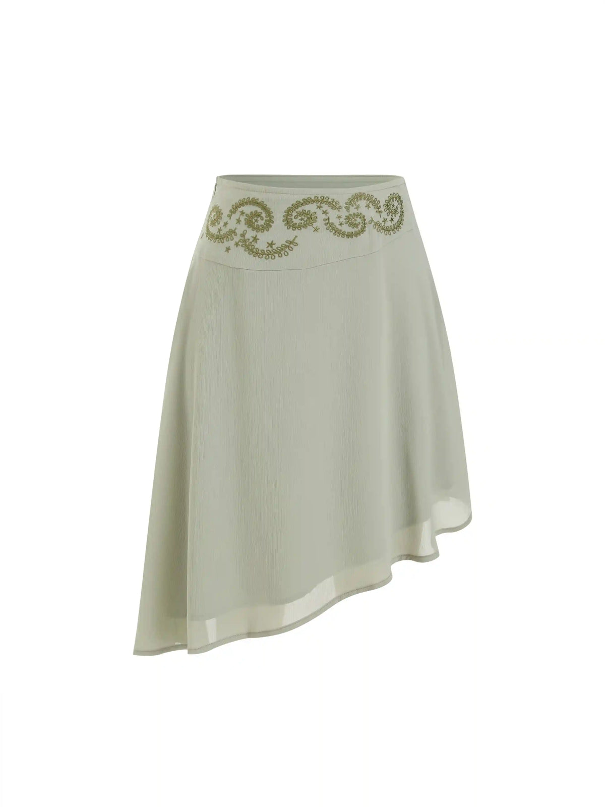 Chiffon Low Rise Floral Embroidery Asymmetrical Midi Skirt