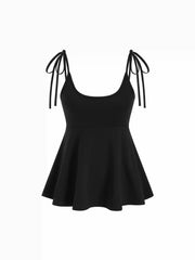 Cotton-blend Square Neck Babydoll Tie-Shoulder Flared Crop Top